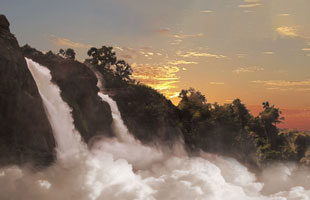 A digital image depicting a waterfall scene that fades into a bed of clouds. The background is a blue to orange sunset.
